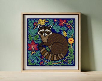 Raccoon cross stitch pattern PDF, square antique style, red and yellow flowers, Wildlife Series, backyard bandit