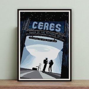 May include: Framed art print featuring a pixelated illustration of a space scene. The word "CERES" is displayed above an archway with the text "QUEEN OF THE ASTEROID BELT" and "LAST CHANCE FOR WATER UNTIL JUPITER". Two figures stand in silhouette.