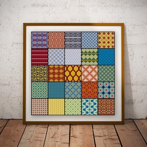 May include: A framed print with a colorful geometric pattern. The print is made up of 25 squares, each with a different pattern. The patterns are all in shades of red, yellow, blue, and green.