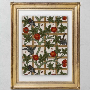 May include: A framed print featuring a botanical design with birds, red flowers, and green leaves. The artwork is set against a cream-colored background with a grid pattern. The frame is gold-colored.