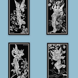 May include: Four black and white illustrations of fairies representing the four seasons. Each fairy is depicted with wings and surrounded by flowers and foliage. The illustrations are labeled "Spring", "Summer", "Autumn", and "Winter".