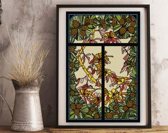 Stained Glass No. 17 Rhododendron leaves and buds Cross stitch pattern PDF, Art Nouveau historical charted design, green pink yellow