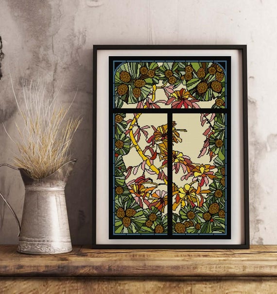 ステンドグラス　Glass　Leaves Stained Glass No. 17 Rhododendron Leaves and Buds Cross Stitch
