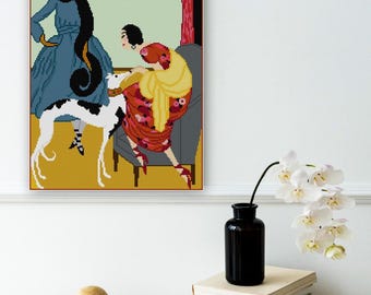 Duas senhoras com um cão malhado, gráfico de ponto cruz para amantes de cães em PDF, design de capa de revista vintage, ilustração de moda, iniciante