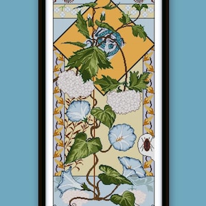 Morning Glory bloemenpatroon kruissteek, sneeuwbalbloem in kaart gebracht ontwerp pdf, botanische art nouveau-illustratie, blauwe hagedis