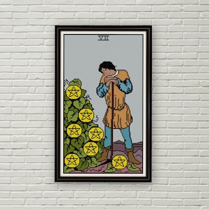 Zeven van Pentakels kruissteekpatroon PDF Rider Waite kleine arcana tarot kruissteek