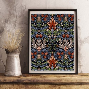 May include: A framed print of a vintage floral pattern in shades of blue, green, red, and white. The pattern features stylized flowers and leaves arranged in a symmetrical design.