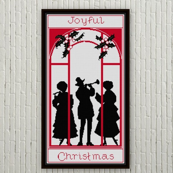 Joyful Christmas Cross Stitch pattern PDF long banner black and red silhouette christmas carols music trio vintage