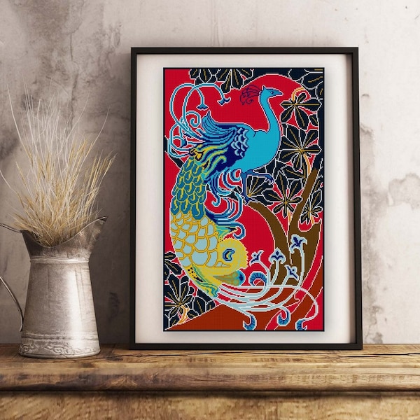 Peacock Cross stitch pattern PDF Art Nouveau Gisbert Combaz No. 3 Red Electric blue