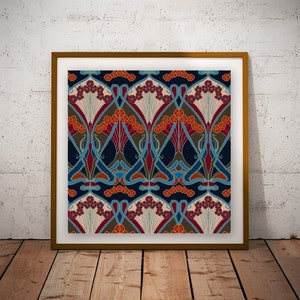 May include: A framed print with a repeating pattern of stylized flowers and leaves in shades of red, orange, blue, green, and white on a dark blue background.