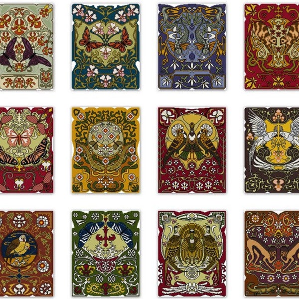 Set of 12 Nature Cross stitch pattern PDFs Flora and Fauna Art Nouveau bird cross stitch butterfly monkey animal cross stitch