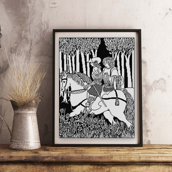 Aubrey Beardsley King Arthur illustration Cross stitch pattern PDF black and white Knights on horses