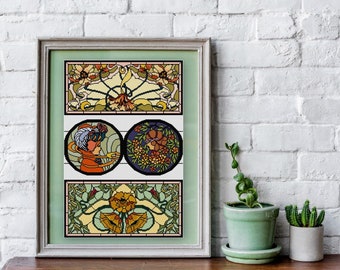 Stained Glass No. 7 Victorian Ladies and Flowers Cross stitch pattern PDF Art Nouveau vintage stain glass illustrations