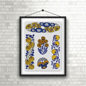 Blue and Gold Art Nouveau floral motifs Cross stitch pattern PDF Henri Gillet No. 3