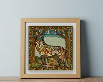 Wolf cross stitch pattern PDF Wildlife Series Square Animal Nature Western decor