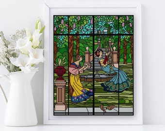 Victorian Ladies in a Garden Swinging Stained Glass adaptation Cross stitch pattern PDF