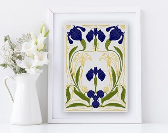 Art Nouveau Blue Orchid cross stitch pattern PDF early 1900s vintage calendar illustration blue and yellow