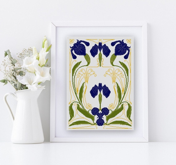 Art Nouveau Blue Orchid Cross Stitch Pattern PDF Early 1900s