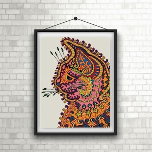 Louis Wain Pink and Orange Paisley Cat cross stitch pattern PDF bright colorful cat needlepoint