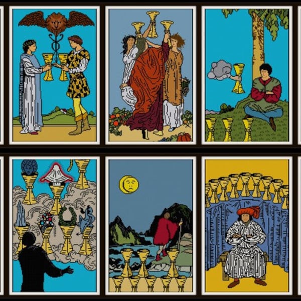 SALE Set of 14 Suit of Cups tarot cross stitch PDFs minor arcana complete Cups rider waite