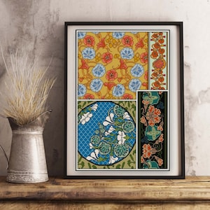 Nasturtium Floral Panel Cross Stitch Pattern PDF Art Nouveau Needlepoint Floral Botanical