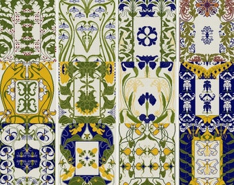 Set of 12 Art Nouveau Floral Patterns cross stitch pdfs / Botanical royal blue yellow and green vintage German calendar illustrations