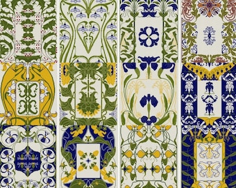 Set of 12 Art Nouveau Floral Patterns cross stitch pdfs / Botanical royal blue yellow and green vintage German calendar illustrations