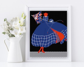Rainy fashion illustration Cross stitch pattern / Martha Romme / french republican calendar / art deco / fashion illustration Pluviose Rainy