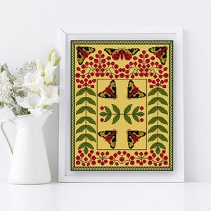 May include: A framed cross-stitch pattern featuring a yellow background with a repeating pattern of red berries, green leaves, and black and yellow butterflies.