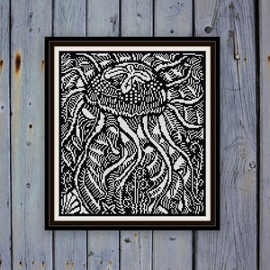 Le Meduse The Jellyfish woodblock illustration for Cross stitch Pattern PDF Raoul Dufy 1911 black and white