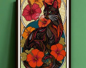 Red and Black Art Nouveau Cat cross stitch pattern PDF, Zodiac astrology Scorpio Sun Sign, hibiscus flowers