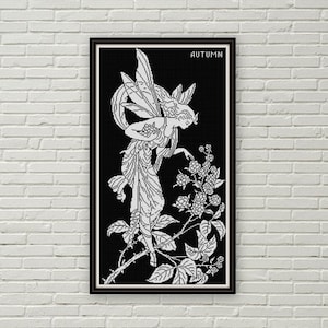 Herbstfee Kreuzstichmuster PDF Jugendstil Constance Foxley Blumenfee schwarz-weiß Silhouette