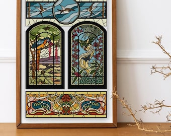 Exotic Birds Stained Glass No. 16 Cross stitch pattern PDF Seabirds Macaw Antique pattern