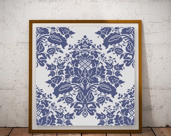 Monochrome Cross stitch pattern PDF blue flower Sampler Square design