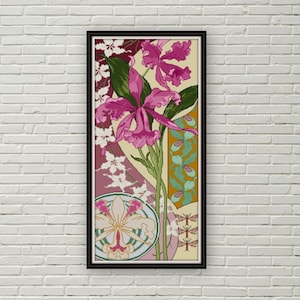 Patrón de punto de cruz Art Nouveau de orquídeas PDF Punto de cruz floral Botánico Orquídeas rosa brillante Zapatillas de dama