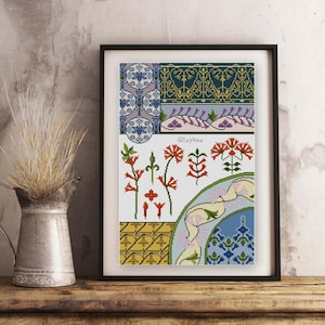 Rote Seidelbast-Blumen Kreuzstichmuster PDF, vintage Blumenillustrationen 1900s, lila und blaue Blumen, botanische Designs