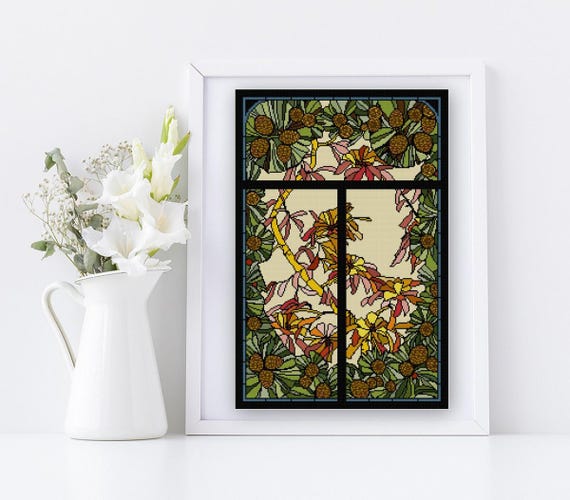 Stained Glass No. 17 Rhododendron Leaves and Buds Cross Stitch