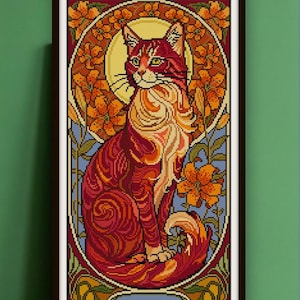 Puede incluir: Impresión artística enmarcada con una ilustración estilizada de un gato. El gato está representado en tonos rojos, naranjas y crema, rodeado de elementos florales y un sol dorado. La palabra "ARIES" está en la parte inferior.