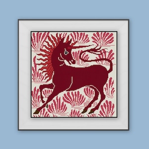 Unicorn cross stitch pattern PDF William de Morgan antique tile Red unicorn Arts and Crafts