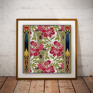 Könnte beinhalten: Ein gerahmter Druck eines floralen Designs im Jugendstil. Das Design zeigt rote Blumen und grüne Blätter auf weißem Hintergrund. Der Rahmen ist in schlichtem Gold gehalten.