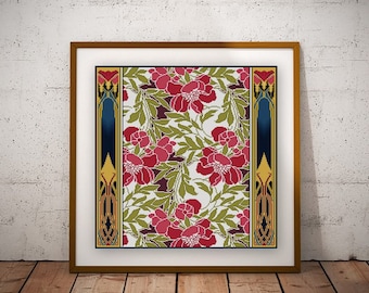 Bright Floral Design cross stitch pattern / Rene Beauclair / Arts and Crafts period / Antique Textile Pattern orange and red square design