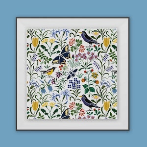 Bird Butterfly and Flowers panel Cross Stitch pattern PDF CFA Voysey design Arts and Crafts Square panel