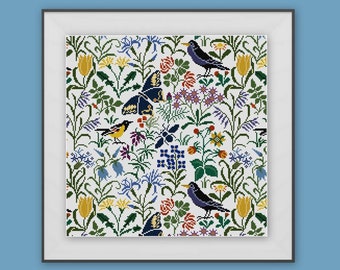 Bird Butterfly and Flowers panel Cross Stitch pattern PDF CFA Voysey design Arts and Crafts Square panel