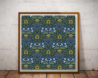 William Morris Eyebright cross stitch pattern PDF arts and crafts yellow and green floral repeating design 1880s