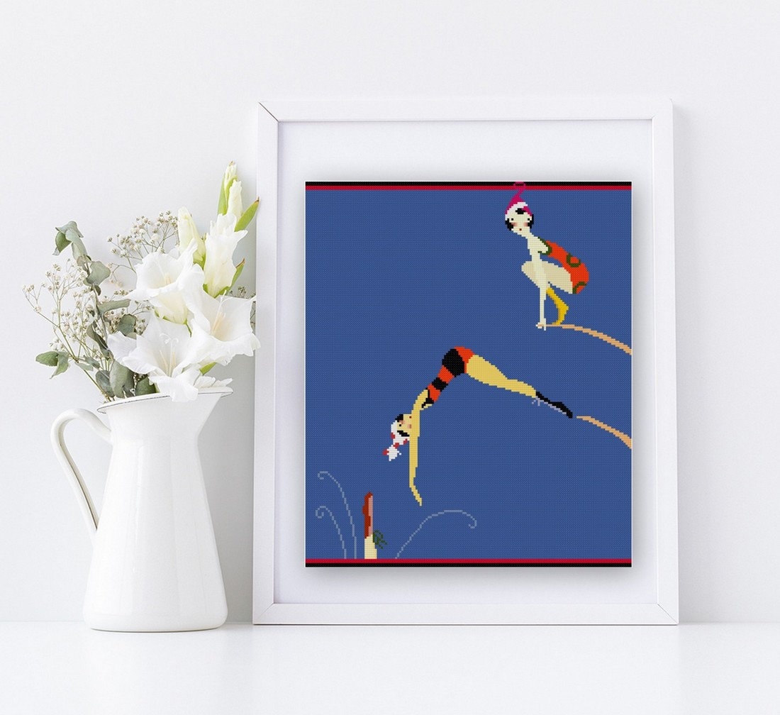 Three Ladies Diving 1920s Magazine Cover Illustration cross stitch pattern PDF Bathing Beauties