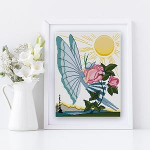 Femme papillon fantaisiste dans une fleur rose, motif point de croix, couverture de magazine Art déco au format PDF