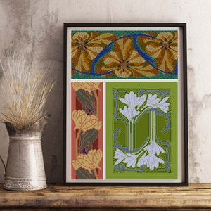 Blumen Kreuzstich Vorlage Tulpe Mosaik 1920er Jahre E.A. Seguy No. 3 Blumenmuster grün und blau dekorative Kunst Jugendstil