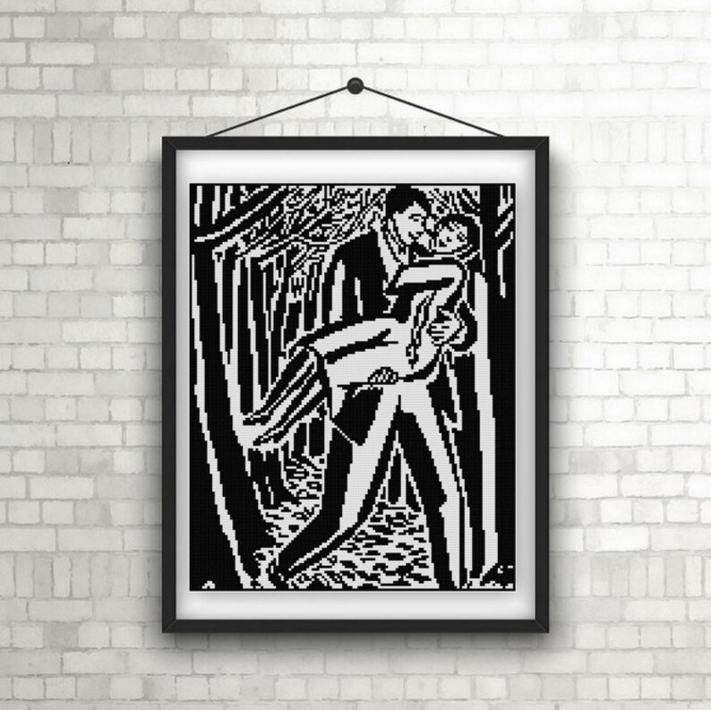 Frans Masereel Man and Woman illustration Cross stitch pattern PDF black and white woodcut illustration 1919