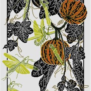 May include: A black and white illustration of a pumpkin vine with green praying mantises and orange pumpkins.