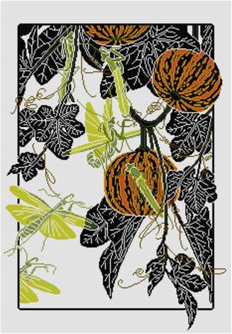 May include: A black and white illustration of a pumpkin vine with green praying mantises and orange pumpkins.